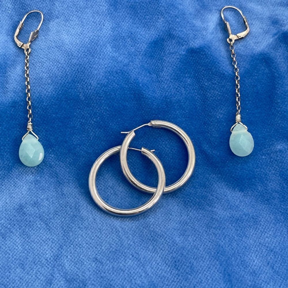 silver drop earrings with faceted amazonite stones and silver hoops